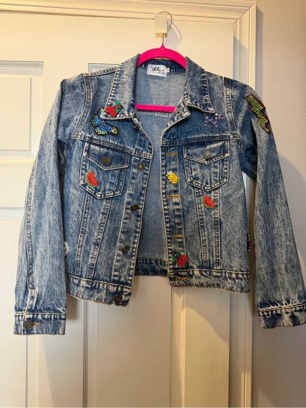 lola + the boys Blue Denim Jacket with Colorful Patch Motifs